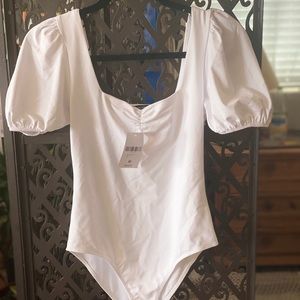 Brand New White Forever 21 Puff Sleeve Bodysuit
